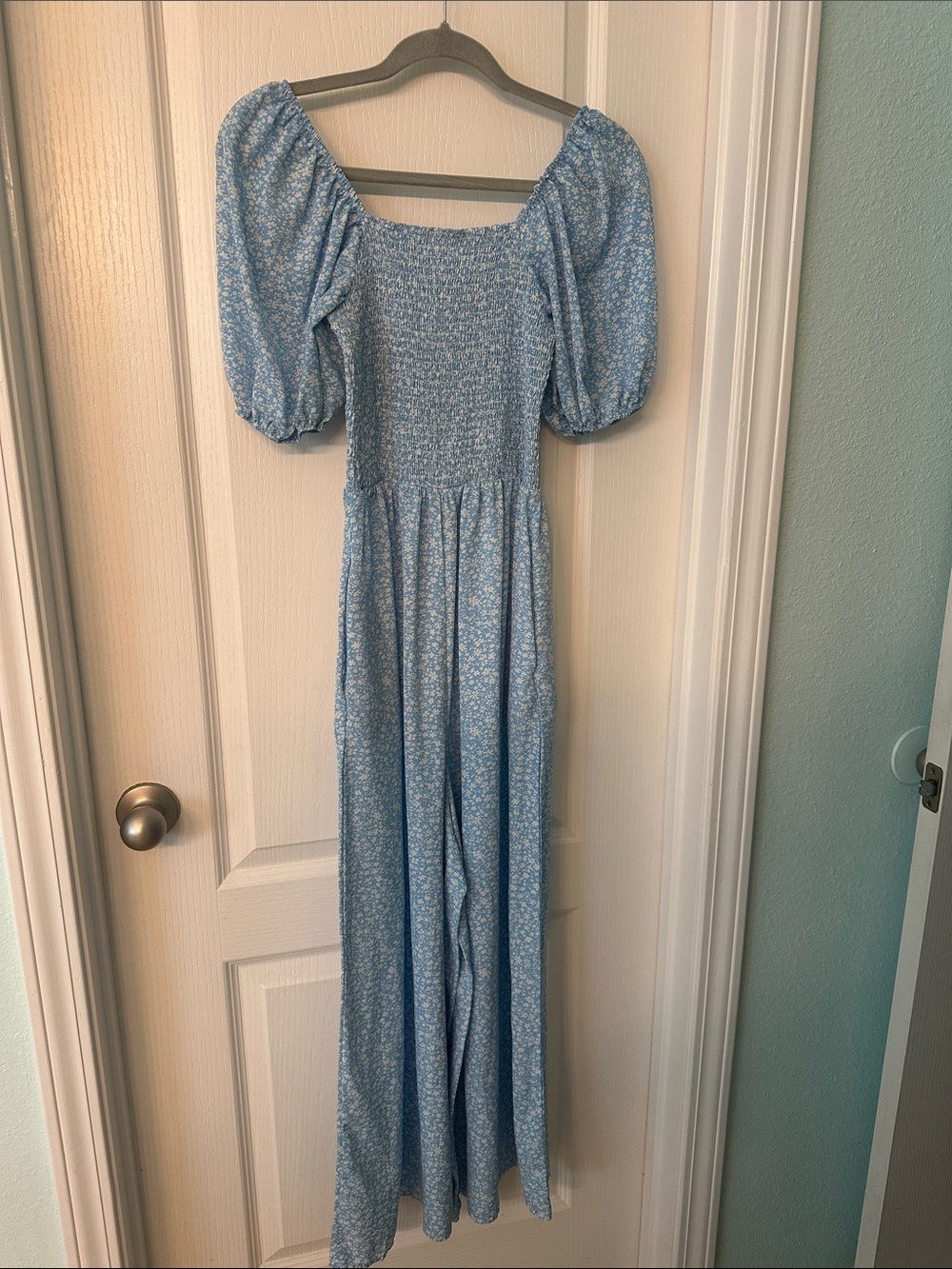 Light Blue Floral Puff Sleeve Maxi Romper by SHEIN